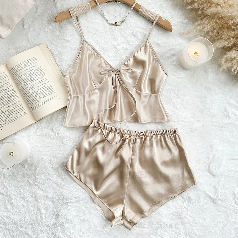 Champagne Women's Pyjamas Ice Silk Lingerie Lady Satin Loungewear Summer New Cami Top Shorts Sexy 2 Pieces Pijama Mujer Nightwear