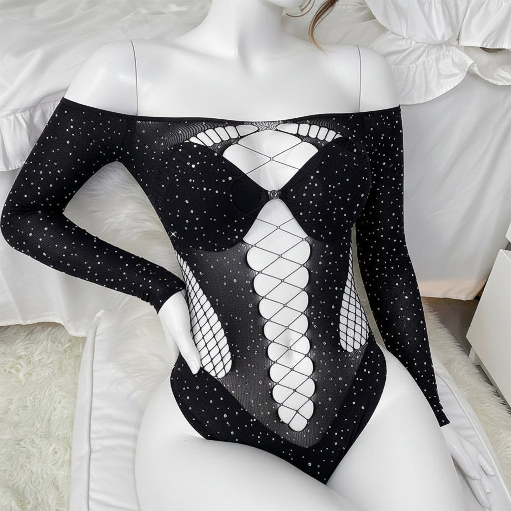 Bodysuit Filet Strass Manches Longues - Épaules Dénudées - Nos Petits KIFF