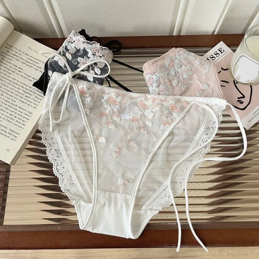 Low Waist Embroidery Flower Lingerie Panties Transparent Sweet Underwear for Women Cotton Crotch Mesh Lace Briefs Girl