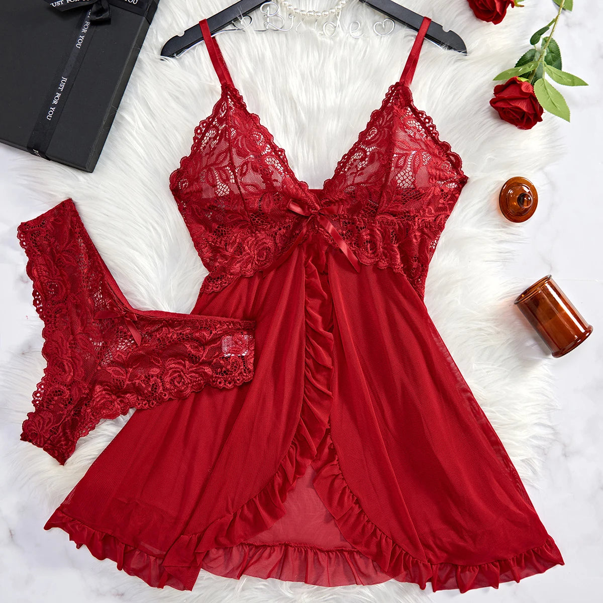 Women's Nightdress Sexy Lace Chemise Bow Nightgown Sleepwear Mini Dress Plus Size Deep V Babydoll Lingerie Sexy Sleepdress Nighty
