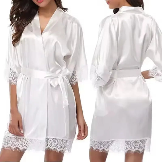 Sexy Bridesmaid Short Satin Bride Robe Lace Kimono Women Wedding Sleepwear Summer Female Bathrobe Lingerie Clothes Home Women L3