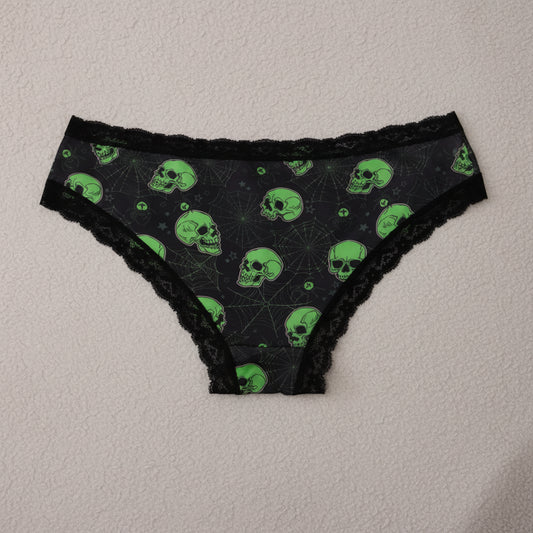 Halloween Skeleton Printed Women's Mid-waist Seamless Plus Size Briefs, Female Lingerie Breathable Cotton Crotch Underwear