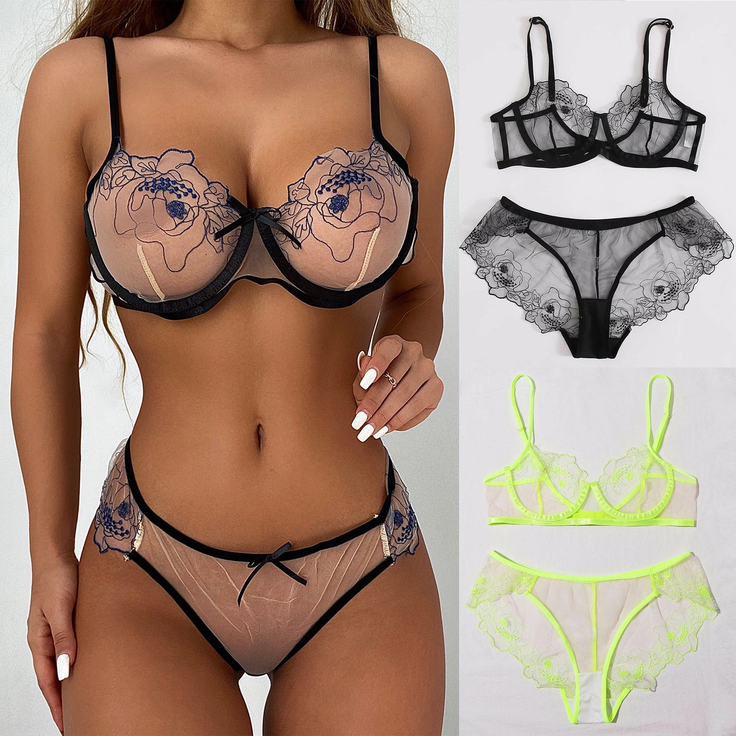 Ensemble lingerie mesh brodé — Transparence & élégance
