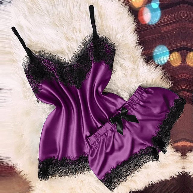 Ensemble sleepwear femme — Caraco col V & short nœud
