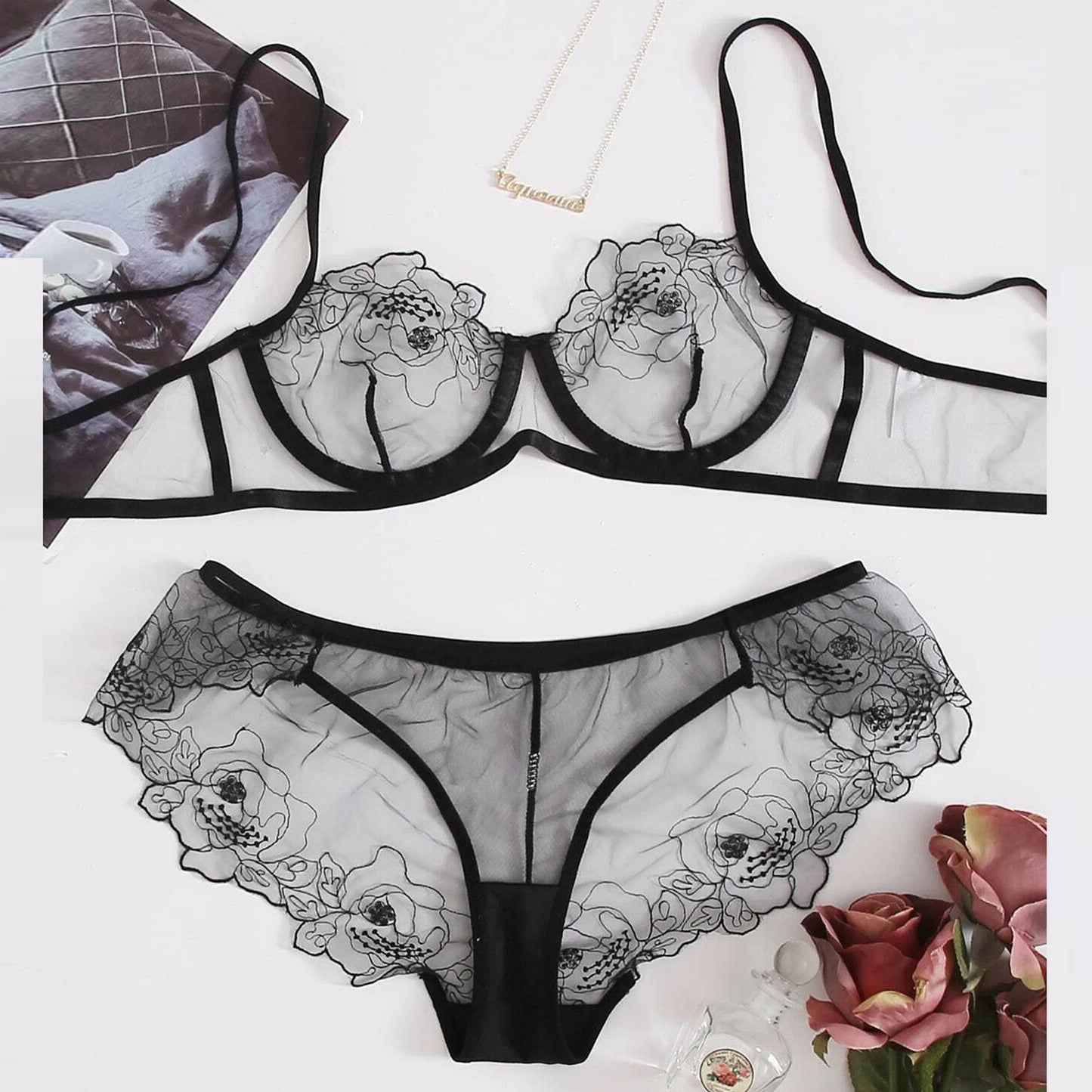 Ensemble lingerie mesh brodé — Transparence & élégance