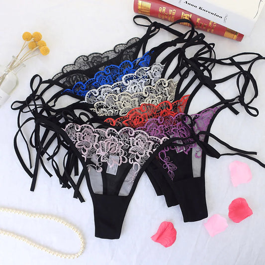 Culotte femme dentelle brodée — Transparente nœud papillon sexy
