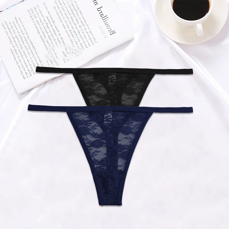 FINETOO 2PCS/Set Women Lace G-string Panties Thongs Sexy Underwear Panties Low-Waist Women's Underpants Mesh Transparent Lingerie