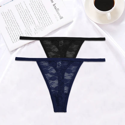 FINETOO 2PCS/Set Women Lace G-string Panties Thongs Sexy Underwear Panties Low-Waist Women's Underpants Mesh Transparent Lingerie