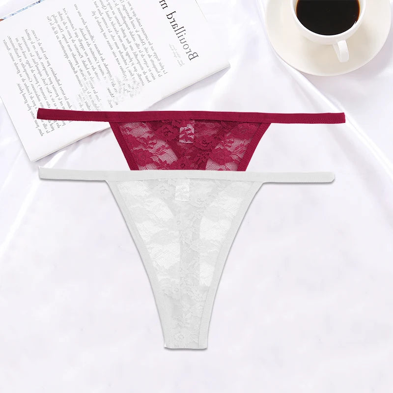 FINETOO 2PCS/Set Women Lace G-string Panties Thongs Sexy Underwear Panties Low-Waist Women's Underpants Mesh Transparent Lingerie