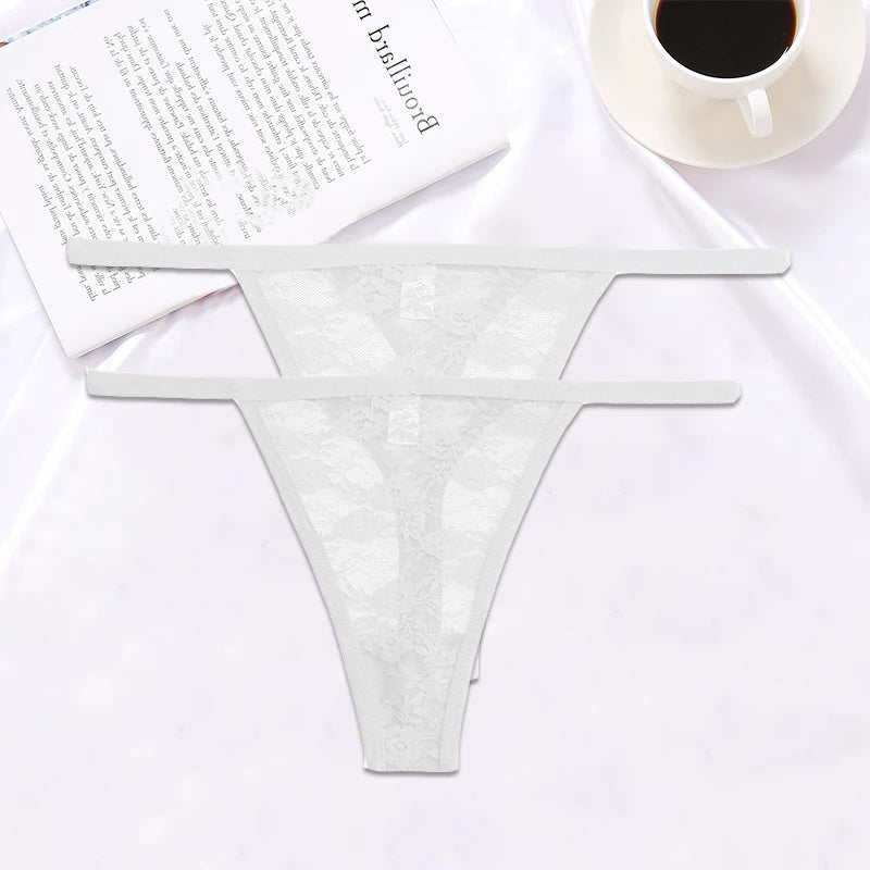 FINETOO 2PCS/Set Women Lace G-string Panties Thongs Sexy Underwear Panties Low-Waist Women's Underpants Mesh Transparent Lingerie