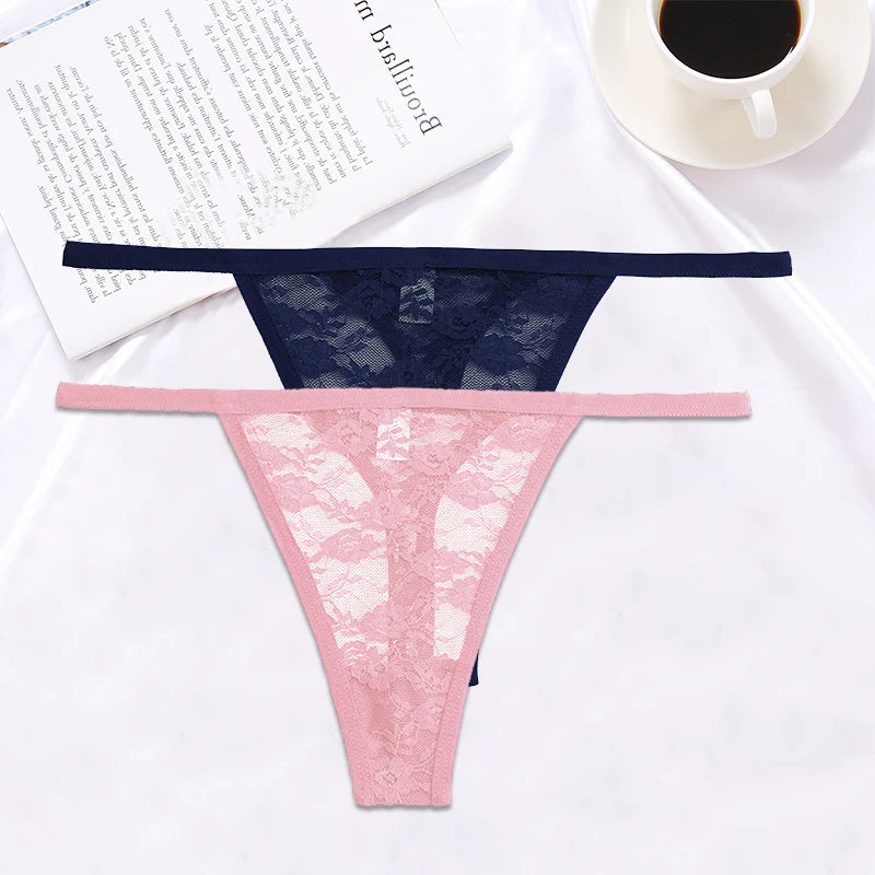FINETOO 2PCS/Set Women Lace G-string Panties Thongs Sexy Underwear Panties Low-Waist Women's Underpants Mesh Transparent Lingerie