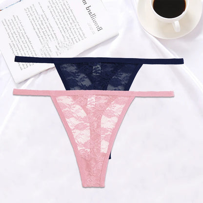 FINETOO 2PCS/Set Women Lace G-string Panties Thongs Sexy Underwear Panties Low-Waist Women's Underpants Mesh Transparent Lingerie