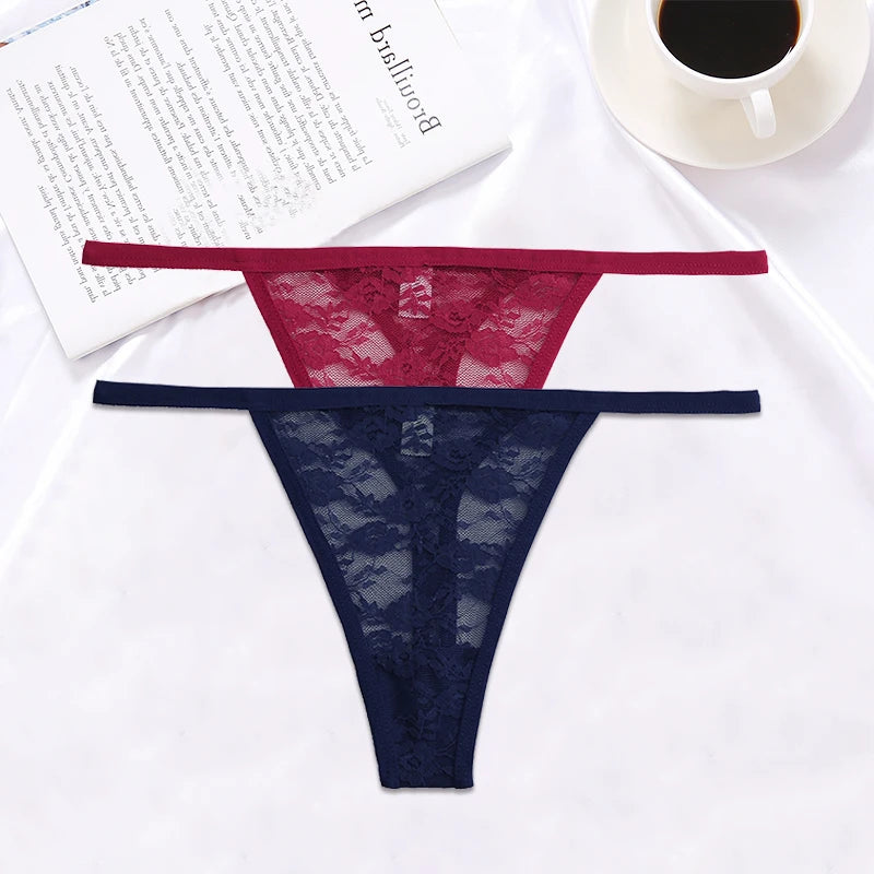 FINETOO 2PCS/Set Women Lace G-string Panties Thongs Sexy Underwear Panties Low-Waist Women's Underpants Mesh Transparent Lingerie