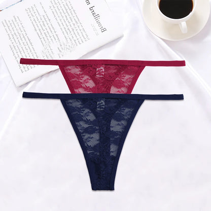 FINETOO 2PCS/Set Women Lace G-string Panties Thongs Sexy Underwear Panties Low-Waist Women's Underpants Mesh Transparent Lingerie