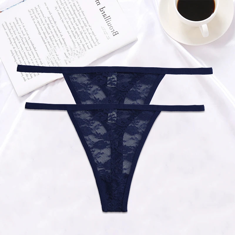 FINETOO 2PCS/Set Women Lace G-string Panties Thongs Sexy Underwear Panties Low-Waist Women's Underpants Mesh Transparent Lingerie