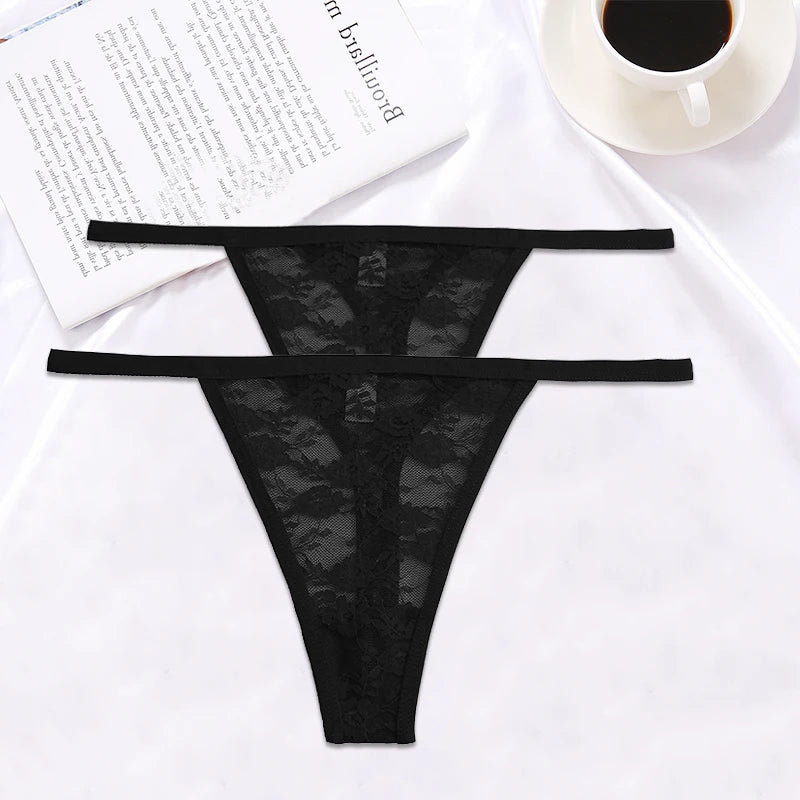 FINETOO 2PCS/Set Women Lace G-string Panties Thongs Sexy Underwear Panties Low-Waist Women's Underpants Mesh Transparent Lingerie