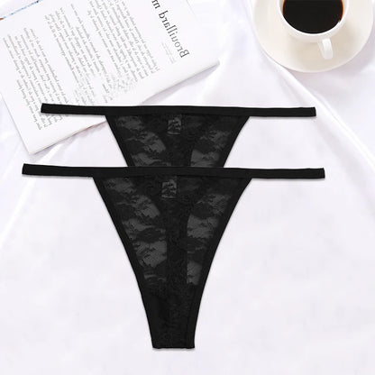 FINETOO 2PCS/Set Women Lace G-string Panties Thongs Sexy Underwear Panties Low-Waist Women's Underpants Mesh Transparent Lingerie