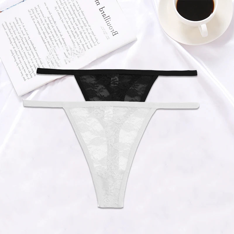 FINETOO 2PCS/Set Women Lace G-string Panties Thongs Sexy Underwear Panties Low-Waist Women's Underpants Mesh Transparent Lingerie