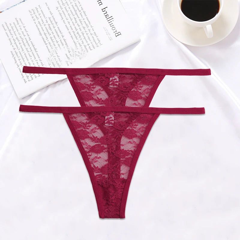 FINETOO 2PCS/Set Women Lace G-string Panties Thongs Sexy Underwear Panties Low-Waist Women's Underpants Mesh Transparent Lingerie