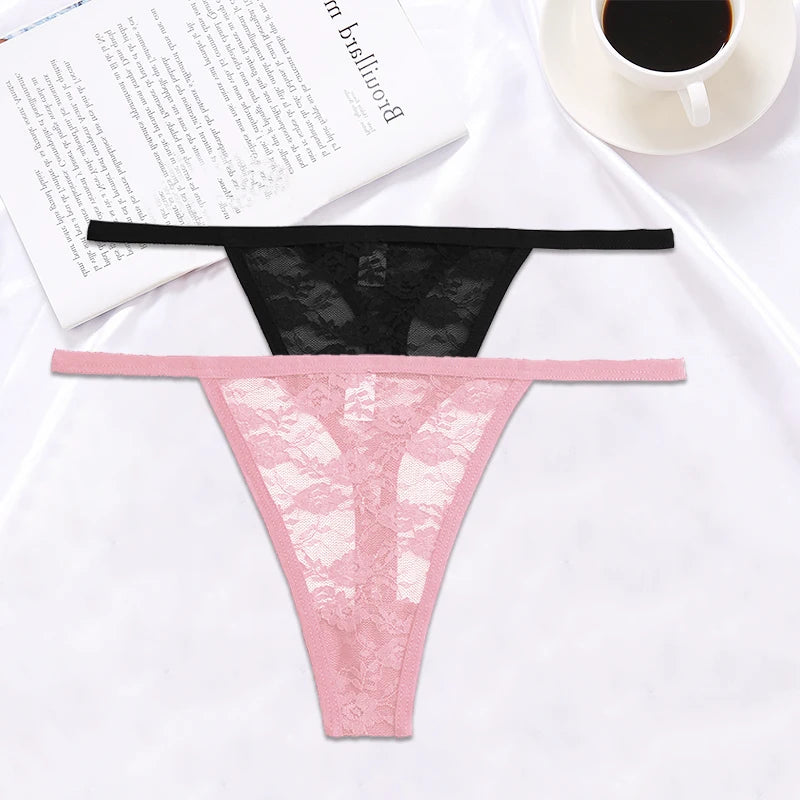 FINETOO 2PCS/Set Women Lace G-string Panties Thongs Sexy Underwear Panties Low-Waist Women's Underpants Mesh Transparent Lingerie