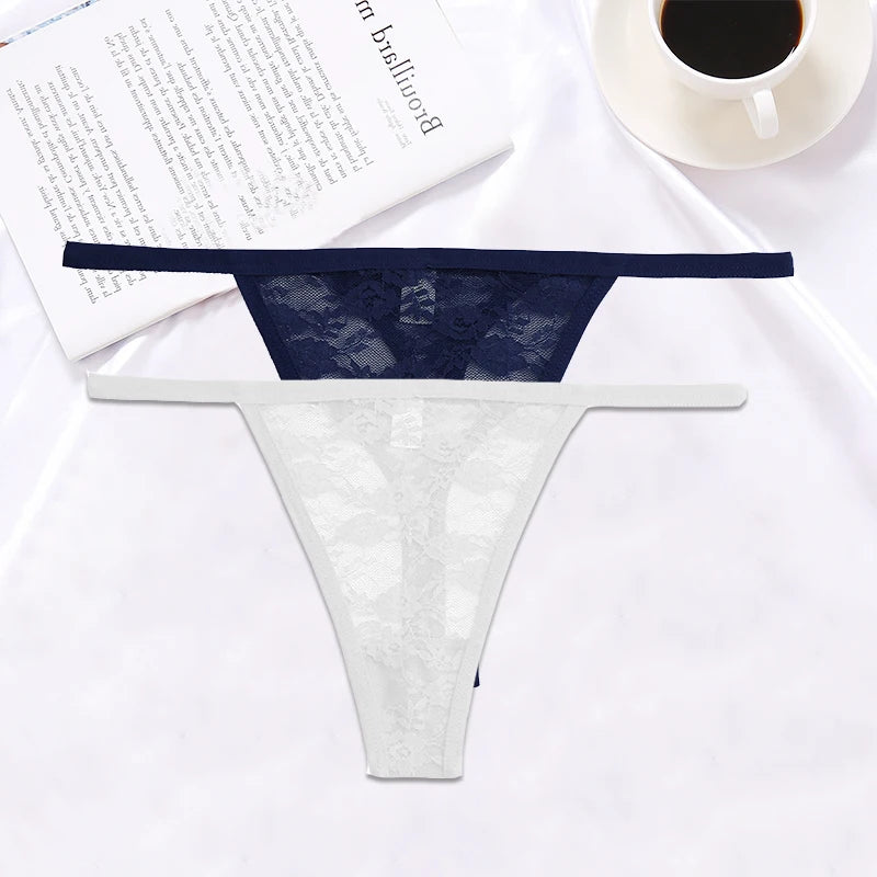 FINETOO 2PCS/Set Women Lace G-string Panties Thongs Sexy Underwear Panties Low-Waist Women's Underpants Mesh Transparent Lingerie