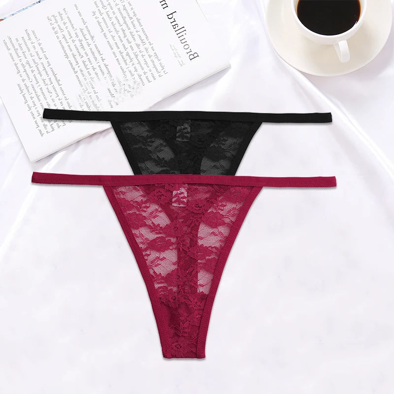 FINETOO 2PCS/Set Women Lace G-string Panties Thongs Sexy Underwear Panties Low-Waist Women's Underpants Mesh Transparent Lingerie