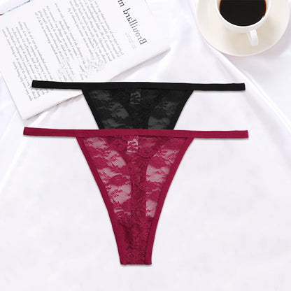 FINETOO 2PCS/Set Women Lace G-string Panties Thongs Sexy Underwear Panties Low-Waist Women's Underpants Mesh Transparent Lingerie