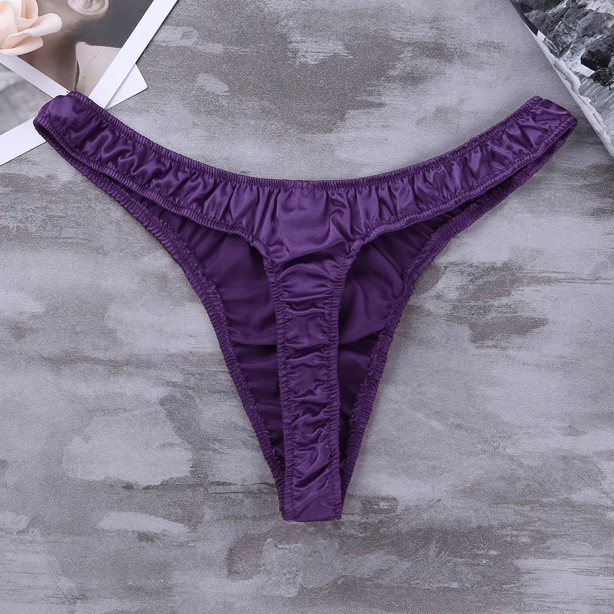 Men's Low-Rise G-String Briefs, Male Gay Sissy Panties Underwear, Soft Shiny Satin, Men's Ruffled Thong Underpants, Sexy Lingerie