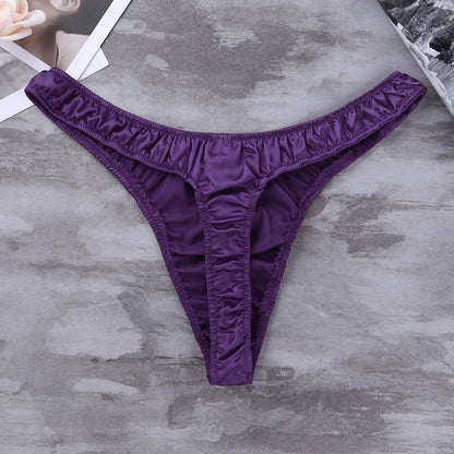 Men's Low-Rise G-String Briefs, Male Gay Sissy Panties Underwear, Soft Shiny Satin, Men's Ruffled Thong Underpants, Sexy Lingerie