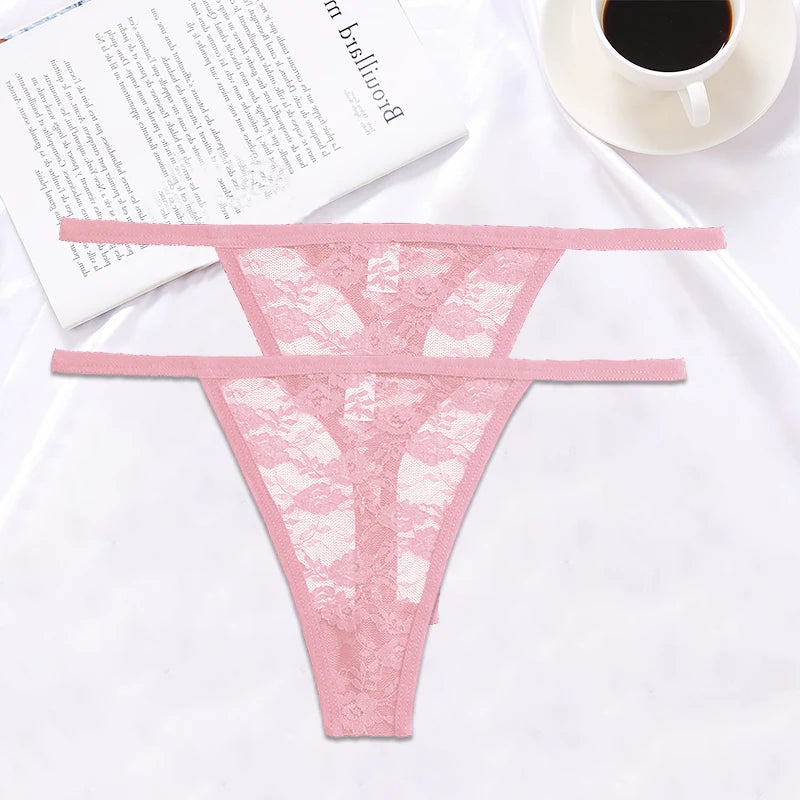 FINETOO 2PCS/Set Women Lace G-string Panties Thongs Sexy Underwear Panties Low-Waist Women's Underpants Mesh Transparent Lingerie