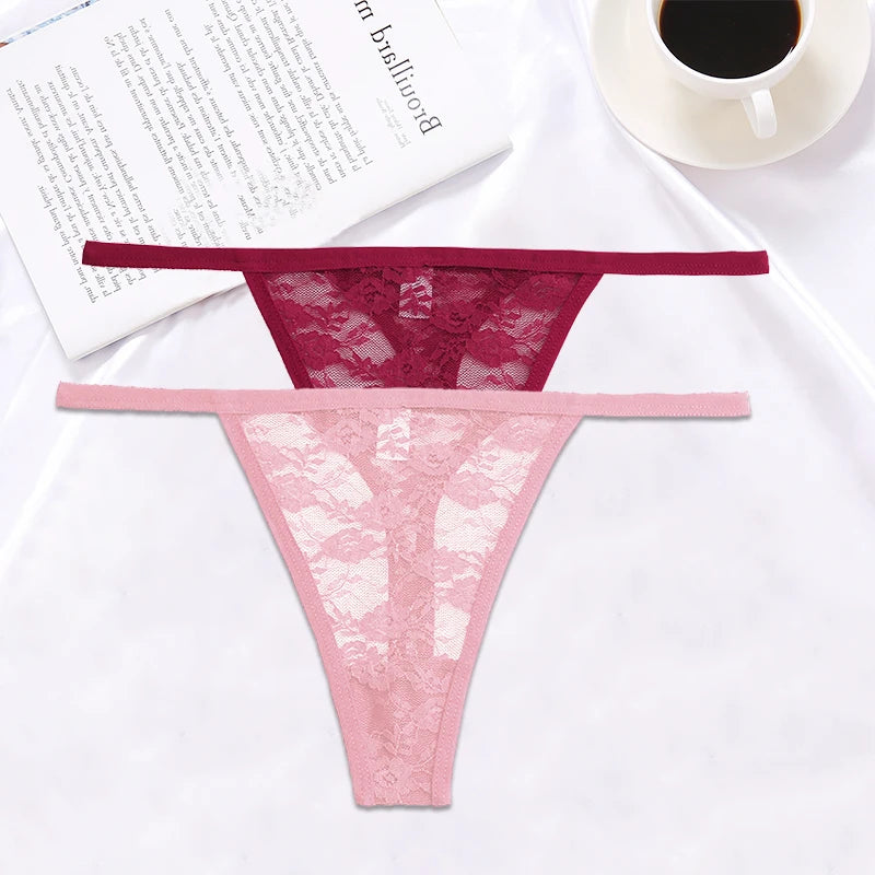 FINETOO 2PCS/Set Women Lace G-string Panties Thongs Sexy Underwear Panties Low-Waist Women's Underpants Mesh Transparent Lingerie