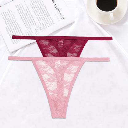 FINETOO 2PCS/Set Women Lace G-string Panties Thongs Sexy Underwear Panties Low-Waist Women's Underpants Mesh Transparent Lingerie