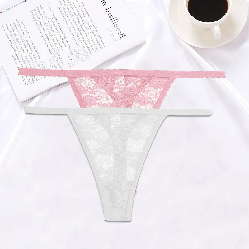 FINETOO 2PCS/Set Women Lace G-string Panties Thongs Sexy Underwear Panties Low-Waist Women's Underpants Mesh Transparent Lingerie