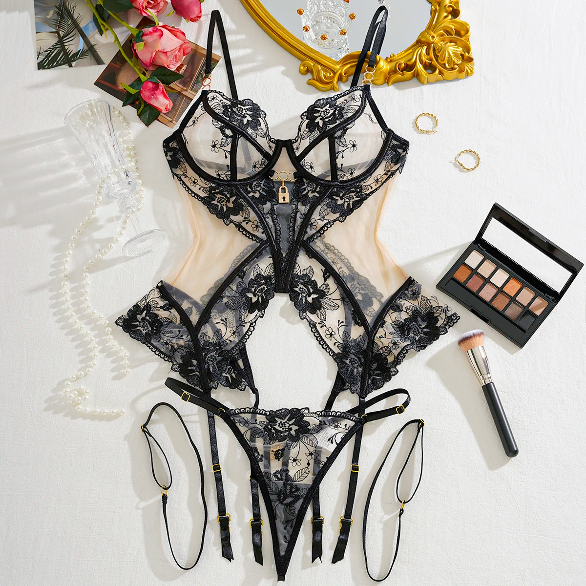 Ensemble Lingerie Transparente Ellolace - Dentelle Florale & G-String - Nos Petits KIFF