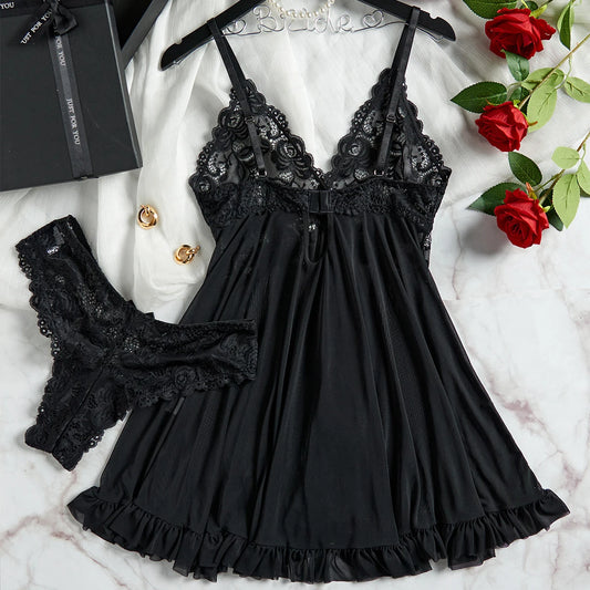 Women's Nightdress Sexy Lace Chemise Bow Nightgown Sleepwear Mini Dress Plus Size Deep V Babydoll Lingerie Sexy Sleepdress Nighty