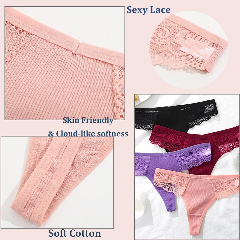 Lot 4 G-Strings Coton Dentelle - Taille Basse S-XL - Nos Petits KIFF