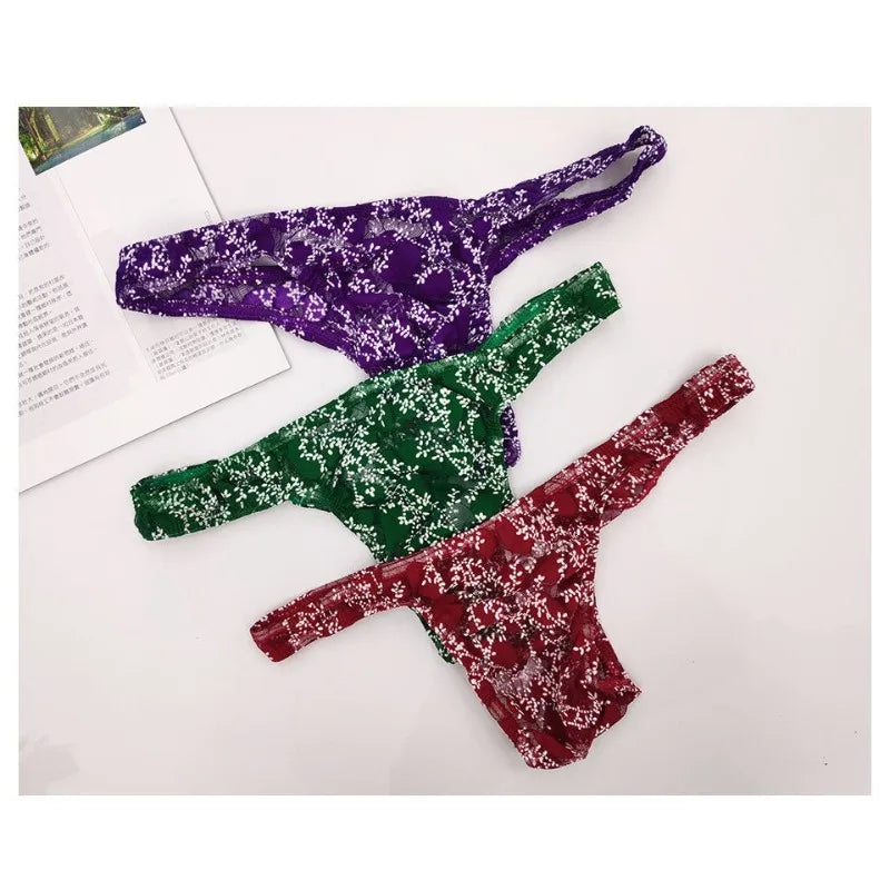 Sexy Toy Men's Low Rise Lace Thong and G-Strings Mesh Lingerie Men's Solid Color Mini Tangas Breathable Jockstrap Sissy Panties