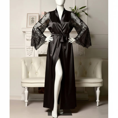 Women's Long Bath Robe Summer Nightgown Lace Patchwork Lingerie Nightdress Sleepwear Sexy Robe Femme Nightgown Bridesmaid Robes