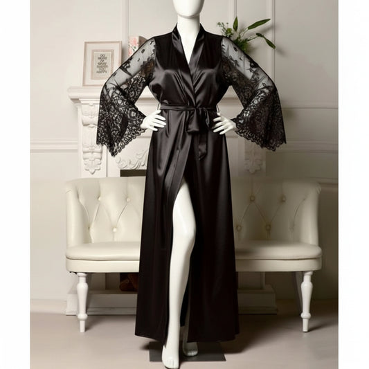 Women's Long Bath Robe Summer Nightgown Lace Patchwork Lingerie Nightdress Sleepwear Sexy Robe Femme Nightgown Bridesmaid Robes
