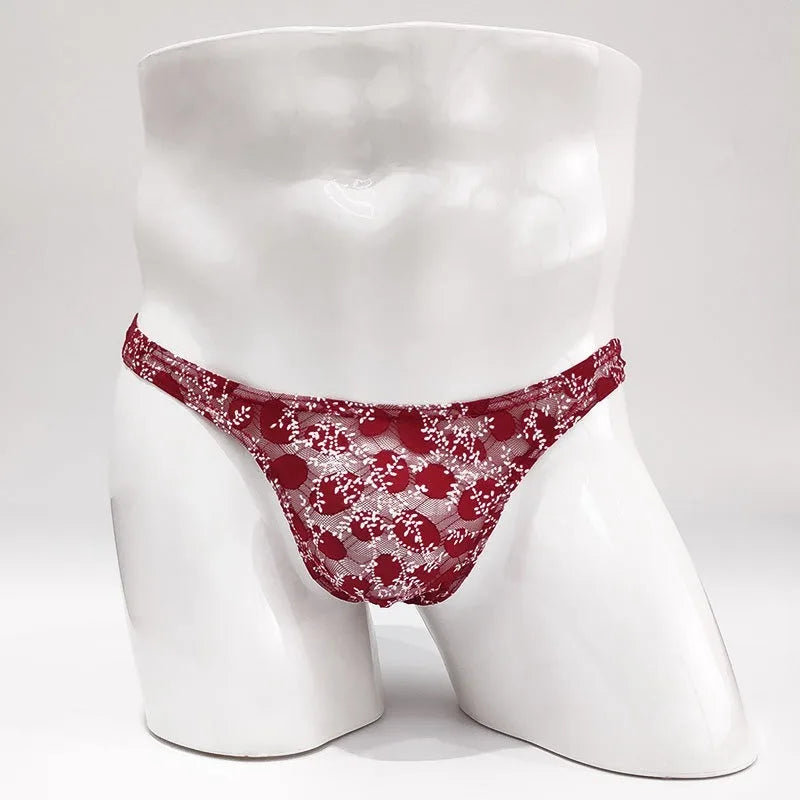 Sexy Toy Men's Low Rise Lace Thong and G-Strings Mesh Lingerie Men's Solid Color Mini Tangas Breathable Jockstrap Sissy Panties