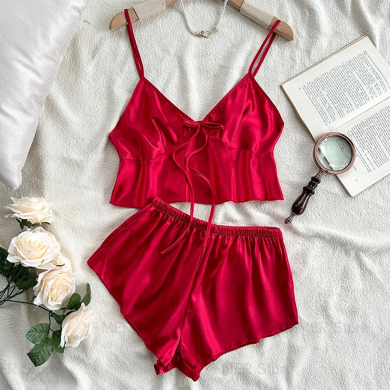Champagne Women's Pyjamas Ice Silk Lingerie Lady Satin Loungewear Summer New Cami Top Shorts Sexy 2 Pieces Pijama Mujer Nightwear