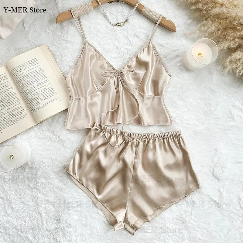 Champagne Women's Pyjamas Ice Silk Lingerie Lady Satin Loungewear Summer New Cami Top Shorts Sexy 2 Pieces Pijama Mujer Nightwear