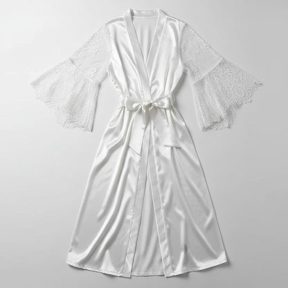 Women's Long Bath Robe Summer Nightgown Lace Patchwork Lingerie Nightdress Sleepwear Sexy Robe Femme Nightgown Bridesmaid Robes