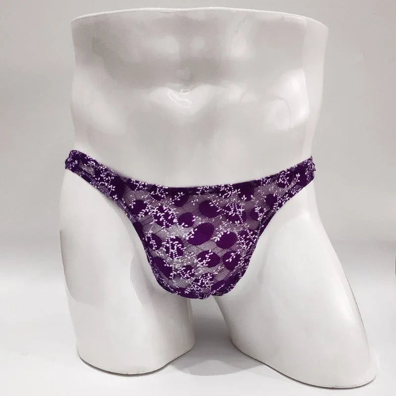 Sexy Toy Men's Low Rise Lace Thong and G-Strings Mesh Lingerie Men's Solid Color Mini Tangas Breathable Jockstrap Sissy Panties