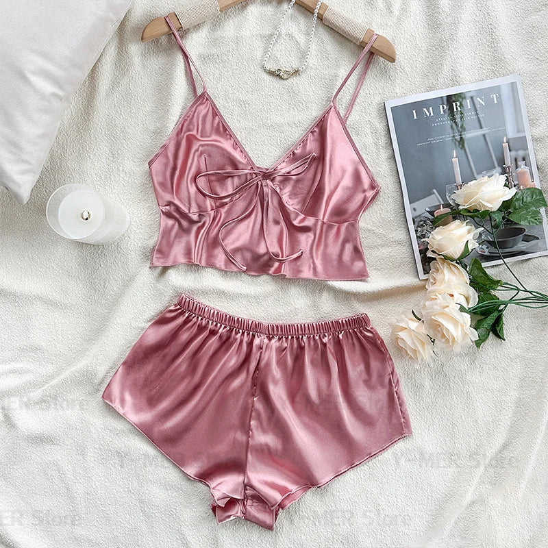 Champagne Women's Pyjamas Ice Silk Lingerie Lady Satin Loungewear Summer New Cami Top Shorts Sexy 2 Pieces Pijama Mujer Nightwear