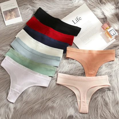 Thong seamless côtelé G-string coton taille basse — S-XL