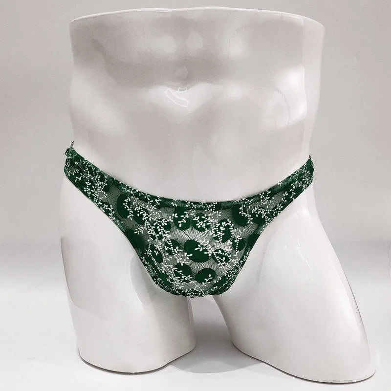 Sexy Toy Men's Low Rise Lace Thong and G-Strings Mesh Lingerie Men's Solid Color Mini Tangas Breathable Jockstrap Sissy Panties