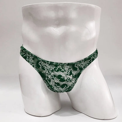 Sexy Toy Men's Low Rise Lace Thong and G-Strings Mesh Lingerie Men's Solid Color Mini Tangas Breathable Jockstrap Sissy Panties