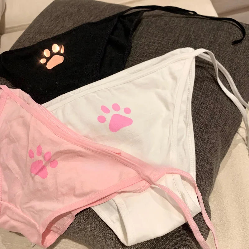 Culotte femme style Lolita imprimé patte de chat — Taille basse bretelles ajustables coton