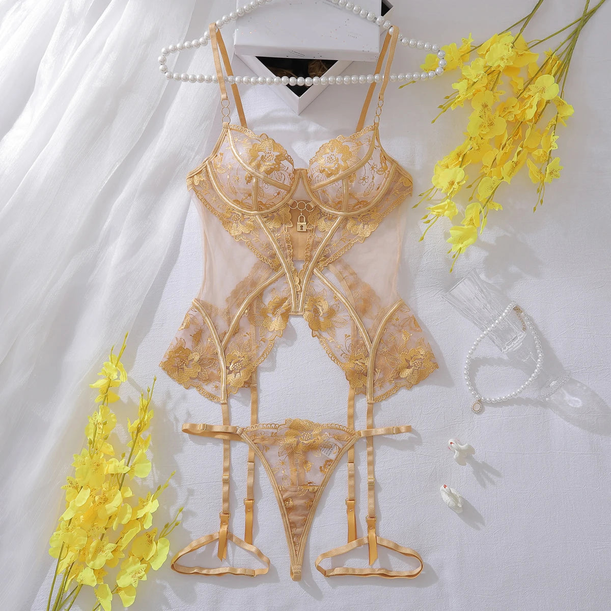 Ensemble Lingerie Transparente Ellolace - Dentelle Florale & G-String - Nos Petits KIFF